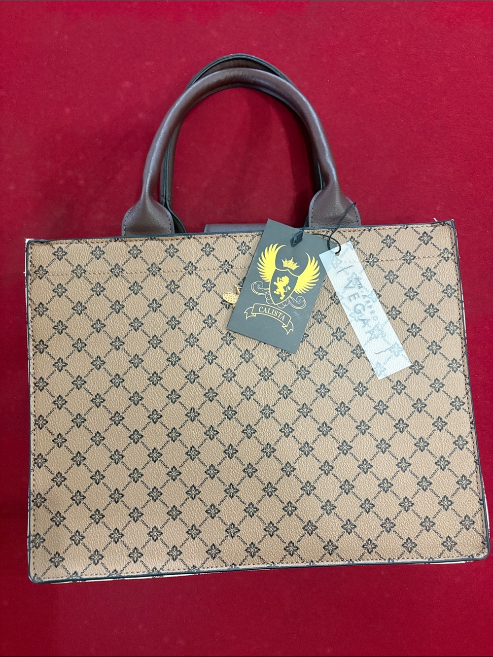 Calista Beige Patterned Tote with Brown Handles